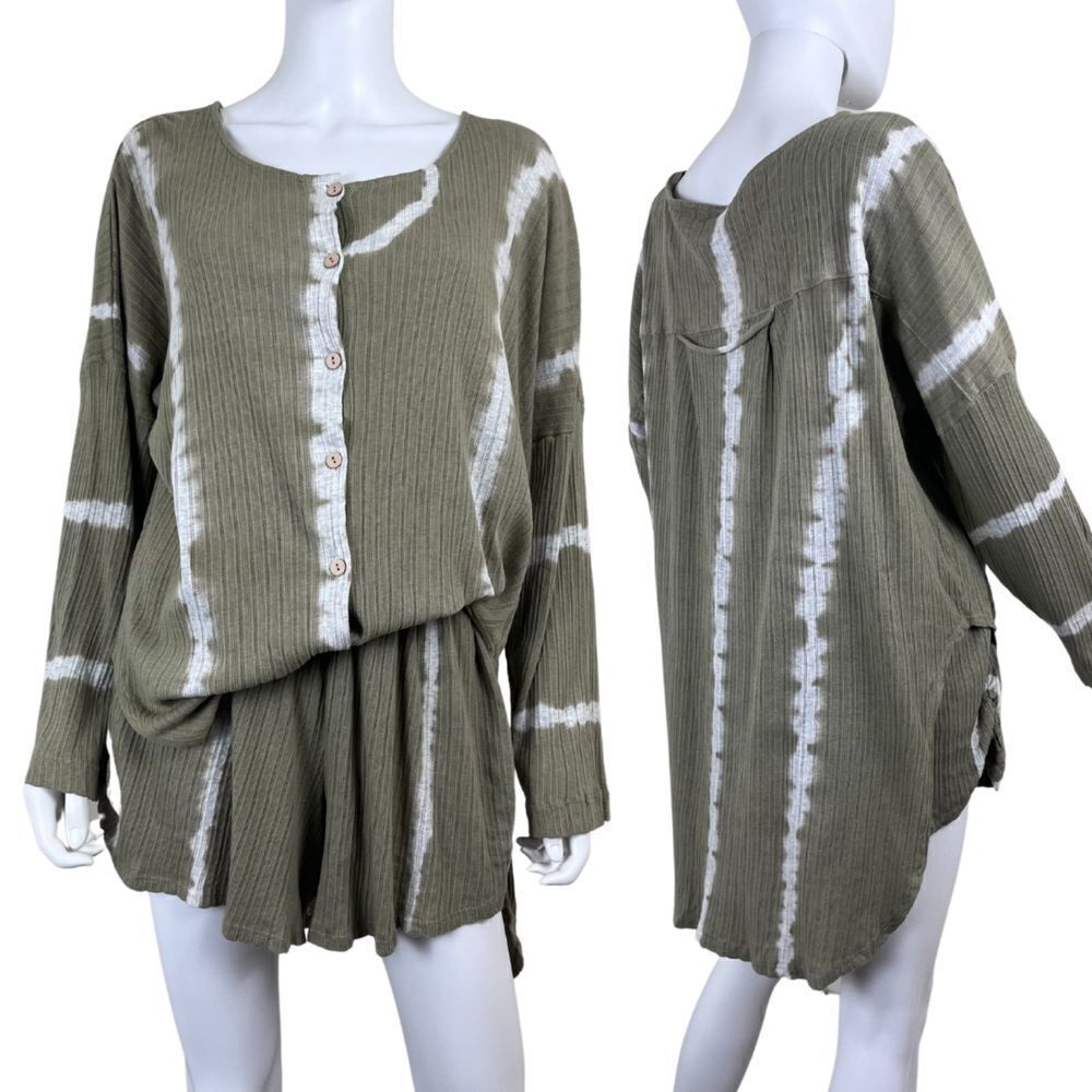Free People Little Dream Women Size S Green Cotton Tie Dye PJ Loungwear Set NEW